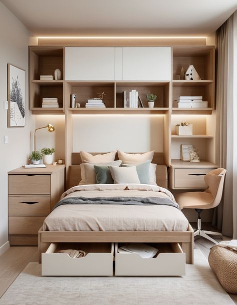 Built In Full Bed With Storage, Built In Cabinets Bedroom Small Spaces, Small Bedroom Built Ins, Small Bedroom With Storage, Tiny Room Ideas Bedrooms, Tiny Bedroom Ideas, Small Bedroom Storage Ideas, Target Living Room, Bedroom Layouts For Small Rooms