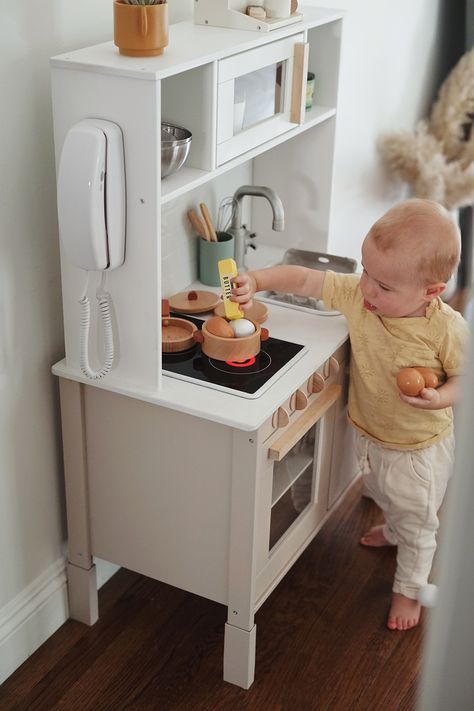 modern ikea play kitchen hack - almost makes perfect Duktig Kitchen Hack, Ikea Toy Kitchen, Play Kitchen Hack, Duktig Kitchen, Kitchen Hack Decor, Ikea Play Kitchen Hack, Ikea Kids Kitchen, Kitchen For Kids, Ikea Hack Kids