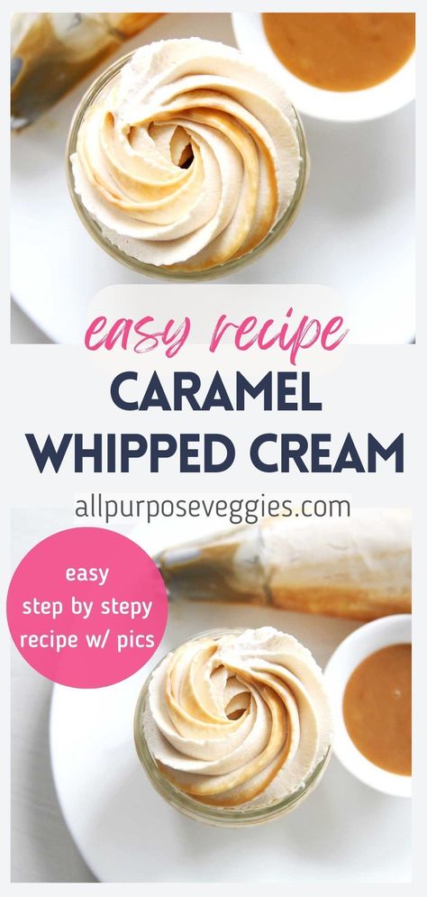 Who doesn't love caramel and whipped cream, much less together? Impress your guests and taste buds with this Caramel Whipped Cream Swirled with beautiful ribbons of caramel. The secret to making the beautiful swirl effect is lining the inside of a piping bag with caramel so that when you pipe the whipped cream onto your dessert, the caramel will create a beautiful swirl pattern in the cream as it's squeezed out through the nozzle. #whippedcream #frosting #chantillycream #caramel Salted Caramel Whipped Cream Frosting, Butterscotch Whipped Cream, Whipped Maple Frosting, Caramel Swirl Cake, Salted Caramel Cream Cheese Frosting, Salted Caramel Whipped Cream, Whipped Caramel Ganache, Caramel Whipped Cream Frosting, Whipped Caramel Frosting