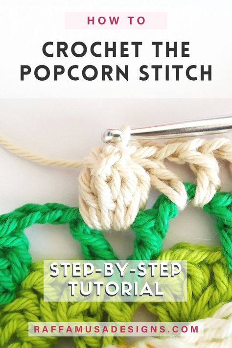 a crochet piece featuring a popcorn stitch Bubble Crochet Stitch, Crochet Storage Baskets Free, Crochet Popcorn Stitch, Popcorn Stitch Crochet, Crocheting Tips, Crochet Popcorn, Crochet Blanket Stitch Pattern, Different Crochet Stitches, Crochet Storage Baskets