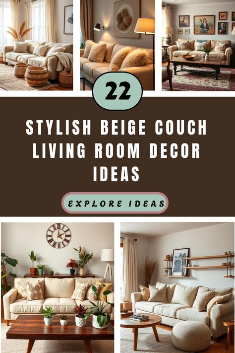 Collage of stylish living rooms featuring beige couches and various decor ideas. Beige Couch With Leather Chair, Tan Corduroy Couch Living Room, Tan Sofas Living Room Ideas, Living Room Decor With Tan Couch, Oatmeal Couch With Pillows, Beige Couch Living Room Pop Of Color, Light Tan Sofa Living Room Ideas, Beige Sectional Pillow Ideas, Sand Colored Couch