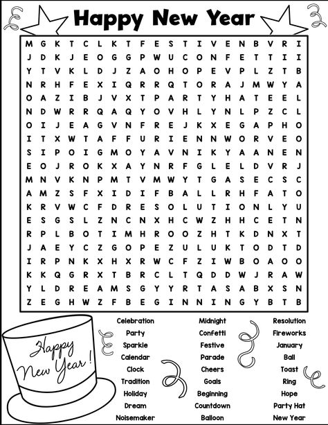 Print out this free New Year's word search! New Year One Word Activity, New Year's Kids Activities, New Years Activities 5th Grade, January Word Search For Kids, New Years Themed Activities For Kids, New Years Therapy Activities Kids, Nye Coloring Page, New Years Crossword Puzzles, New Year New Me Activities For Kids