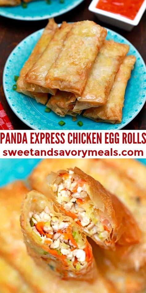 Panda Express Chicken Egg Rolls feature a crispy-crunchy wonton shell filled with meat and vegetables packed with Asian flavors. #pandaexpress #eggrolls #chickeneggrolls #sweetandsavorymeals #chineserecipes Chicken And Shrimp Egg Rolls, Asian Chicken Egg Rolls, Chicken Egg Rolls Chinese, Panda Express Egg Rolls Recipe, Egg Rolls Recipe Chicken, Panda Express Egg Rolls, Eggroll Filling Recipe, Chicken Egg Roll Recipe, Egg Roll Chicken