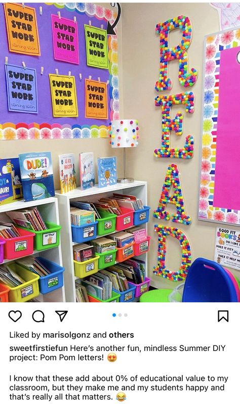 Elementary Classroom Decor Themes 3rd Grade, Read Pom Pom Letters, Classroom Themes For Prek, Pre K Room Themes, Pre K 4 Classroom Set Up, Colorful Kindergarten Classroom Themes, Diy Classroom Library, Preschool Classroom Decor Ideas, Vpk Classroom Setup