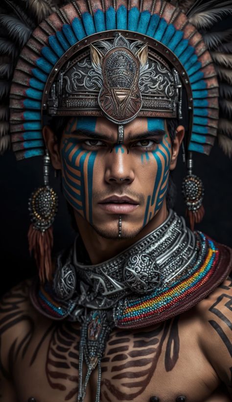 Aztec Makeup, Native American Face Paint, Native American Portraits, American Indian Artwork, Aztec Artwork, 150 Pokemon, Aztec Culture, Native American Warrior, Native American Men