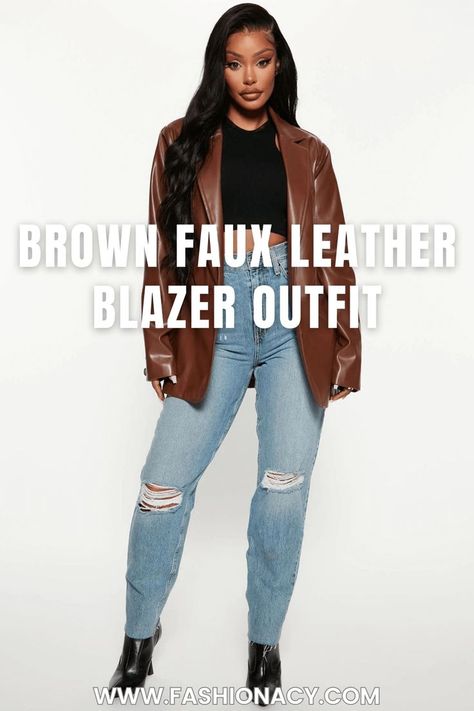 Brown Faux Leather Blazer Outfit Leather Blazers For Women, Brown Leather Blazer Outfit Women, Cognac Leather Blazer Outfit, Brown Leather Blazer For Business Casual, Brown Leather Blazer, Brown Faux Leather Blazer For Fall, Brown Leather Blazer Outfit, Brown Faux Leather Office Blazer, Designer Brown Leather Blazer