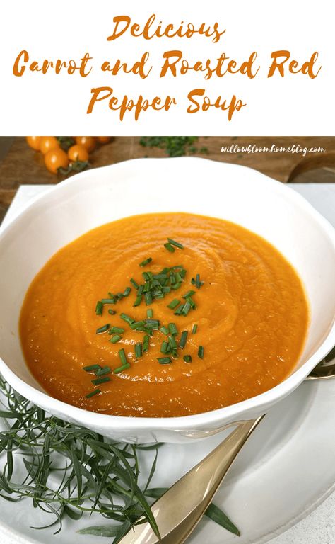 Red Bell Pepper Soup, Vegan Carrot Soup, Bell Pepper Soup, Toasted Baguette, Roasted Red Pepper Soup, Red Pepper Soup, Fall Soup, Pepper Soup, Fall Recipe