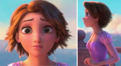 Okay.. I see why Mel compares me to her after her haircut... Rapunzel After Haircut, Short Hair Disney Characters, Tangled Haircut, Rapunzel Hair Short, Short Rapunzel Haircut, Rapunzel Haircut Short, Rapunzel Cut Hair, Tangled Rapunzel Short Hair, Rapunzel Short Haircut