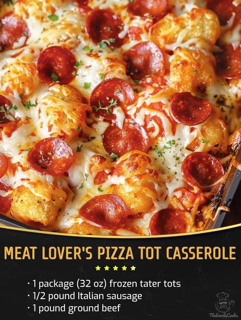 Easy and tasty recipes | Meat Lover's Pizza Tot Casserole | Facebook Tator Tot Pizza Casserole Recipe, Pizza Tot Casserole, Tater Tot Pizza Casserole, Pizza Tater Tot Casserole, Tater Tot Pizza, Easy Pepperoni Rolls, Frozen Tater Tots, Pepperoni Rolls, Meat Lovers Pizza