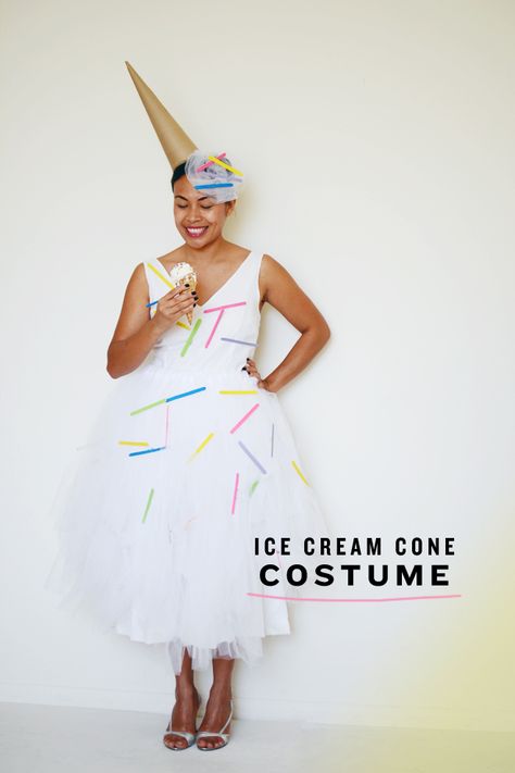 DIY: ice cream cone costume  by MichaelsMakers CAKIES Food Costumes Diy Easy, Ice Cream Costume Diy, Ice Cream Cone Halloween Costume, Diy Ice Cream Cone Costume, Ice Cream Cone Costume, Cone Costume, Diy Ice Cream Cone, Ice Cream Costume, Diy Unicorn Costume