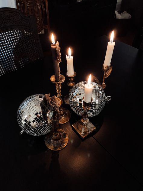 Candles And Disco Balls, Disco Ball Centre Pieces, Rip 20s, 20s Party, Full Moon Party, Dark Modern, Moon Party, Birthday Inspo, Gold Skull