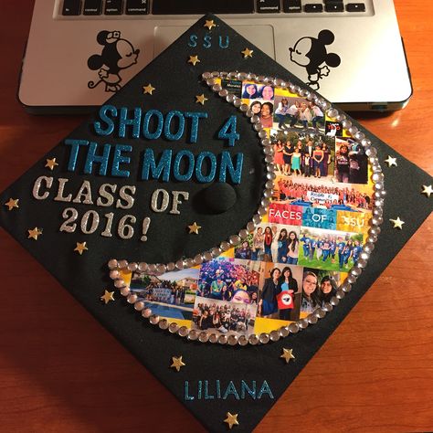 Moon Graduation Cap, Graduation Cap Decoration Diy, Shoot For The Moon, High School Graduation Cap, Grad Caps, Cap Decoration, Class Of 2016, Graduation Cap Decoration, Cap Decorations