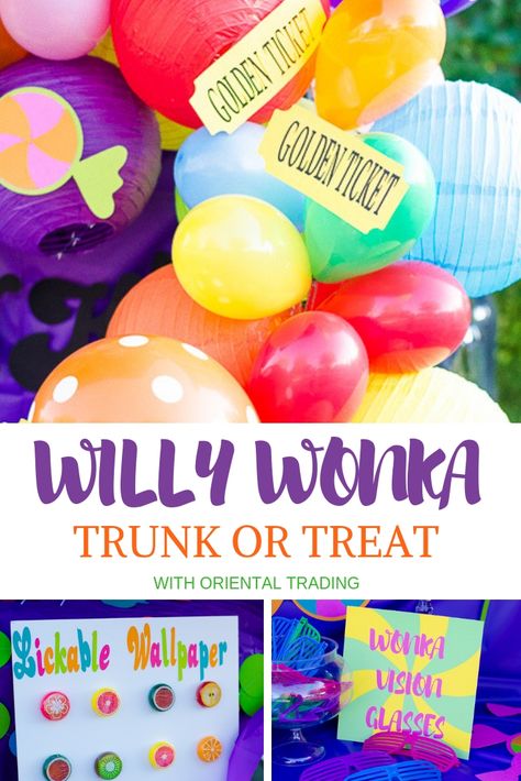 Wonka Trunk Or Treat, Willy Wonka Trunk Or Treat, Willy Wonka Halloween, Halloween Handout, Charlie Chocolate Factory, Wonka Chocolate Factory, Willy Wonka Party, Trunk Or Treat Ideas, Wonka Chocolate