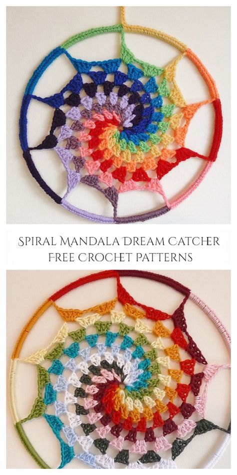 Spiral Mandala Dream Catcher Free Crochet Patterns Crochet Dreamcatcher Pattern Free, Free Mandala Crochet Patterns, Mandala Dream Catcher, Spiral Mandala, Crochet Dreamcatcher Pattern, Crochet Dream Catcher, Pattern Aesthetic, Dream Catcher Patterns, Spiral Crochet