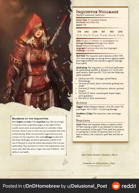 Dnd Mage Hunter, Dnd Inquisitor, Mage Hunter, 5e Monsters, Dnd 5, Dnd Creatures, Dnd Monster, Dnd Npc, Dnd Stats