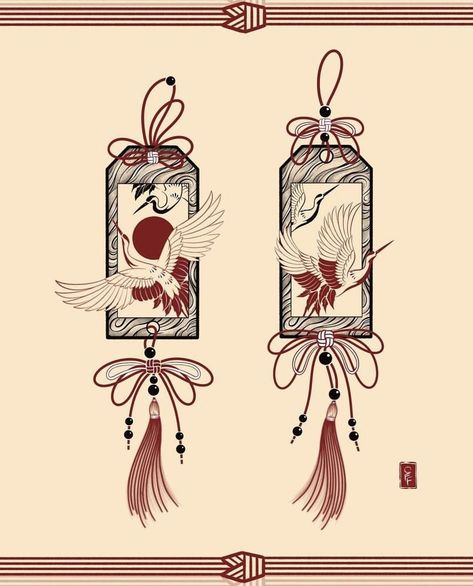 Asian Mythology Tattoo, Japanese Frame Tattoo, Japanese Omamori Tattoo, Japanese Minimalist Tattoo, Vietnamese Inspired Tattoo, Japanese Charm Tattoo, Viet Tattoo, Norigae Tattoo, Small Japanese Tattoo