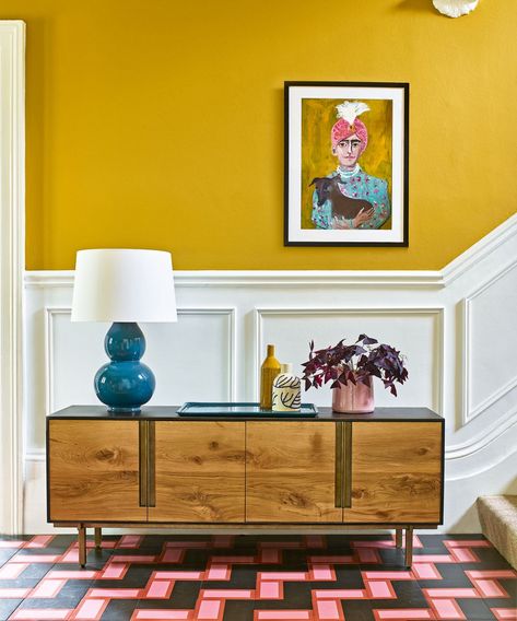 Yellow Hallway, Staircase Paneling, Stair Paneling, Stair Walls, Hallway Paint, Hallway Colours, Modern Hallway Ideas, Warm Color Schemes, Green Hallway