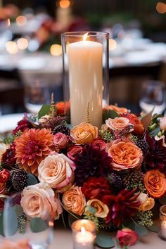 https://pin.it/68EMdITR3 2024 Fall Wedding, Centerpieces Fall Wedding, Wedding Centerpieces Fall, Pillar Candles Wedding, Tall Glass Vase, Beautiful Fall Wedding, Ivory Candles, Pumpkin Vase, Gold Pumpkins