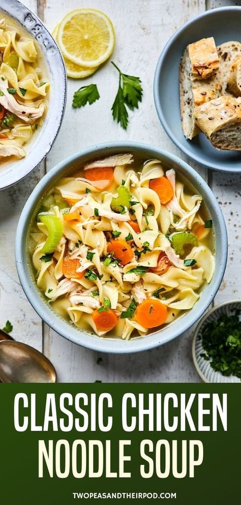 When the temperatures drop and cold season is upon us, there’s nothing more comforting than a bowl of Classic Chicken Noodle Soup! Make a big pot in less than 30 minutes! It’s the best soup for a sick day or for someone who needs a bowl of comfort. Seasonal Soups, Farmhouse Cooking, Classic Chicken Noodle Soup, Cleaning Glasses, Comfort Meals, The Best Soup, Best Soup, Cooking Chicken To Shred, Easy One Pot Meals