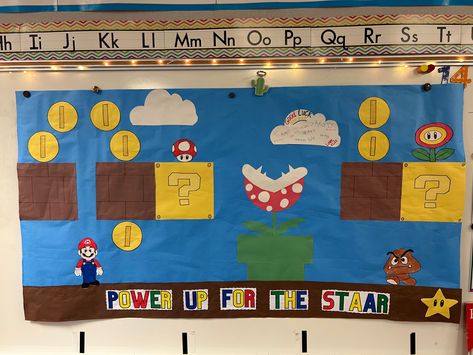 Mario STAAR encouragement Mario Classroom, Encouragement Posters, 2024 Classroom, Mario Theme, Classroom Incentives, Teacher Bulletin Boards, Classroom Board, Up Theme, Super Mario Brothers