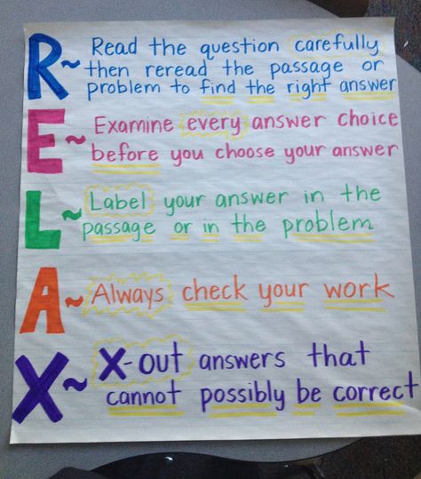 Test taking strategies - RELAX. Love this. Classroom Chart Ideas, Chart Ideas For Classroom, Test Taking Tips, Academic Coach, Test Strategies, Reading Coach, Staar Review, Testing Motivation, Ideas For The Classroom