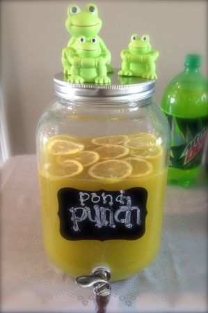 Pond Punch, Frog Treats, Frog Party Ideas, Tiana Party, Princess Tiana Birthday Party, Tiana Birthday Party, Frog Baby Showers, Frog Birthday Party, Baby Shower Punch