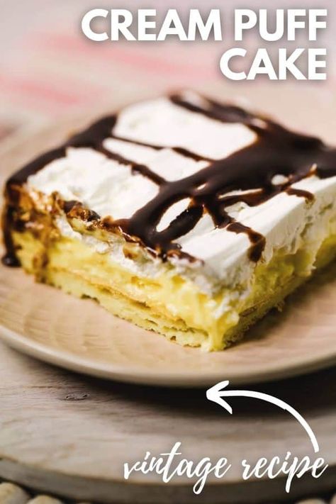 This Cream Puff Cake is a recipe that's been passed down in my family. It tastes like classic cream puffs but is easier to make. Cream Puff Cake, Puff Cake, Cream Puff Cakes, Chocolate Eclair Cake, Eclair Cake, Chocolate Eclair, Vintage Family, Cream Puff, Fun Easy Recipes