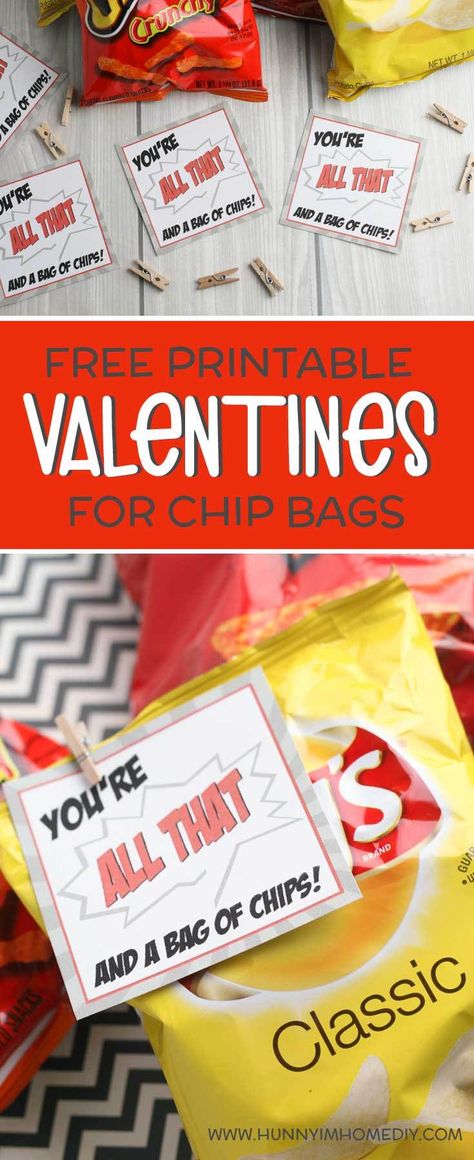 This bag of chips valentine printable is so cool -- and they're super easy DIY valentine cards for school and DIY valentine cards for kids. And did I mention they're free printable valentine cards! These valentines for boys make great classmates and valentines for kids school. These printable valentines for kids free are also great printable valentine cards for kids. #freeprintable #free #valentinesday #printable Candy Free Valentines, Glow Stick Valentine, Classroom Valentines Party, Free Printable Valentines Cards, School Valentine Cards, Valentines Diy Kids, Pinterest Valentines, Saint Valentin Diy, Roses Valentine