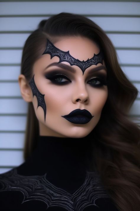 Halloween Batwing Beauty makeup inspired by Gothic aesthetics Cute Bat Face Paint, Bat Makeup Halloween, Dark Angel Makeup, Batman Makeup, Bat Makeup, Makeup Witch, Halloween Makeup Witch, Makeup 2024, Fashion Show Makeup