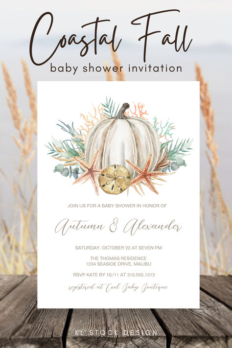 Coastal, Fall theme beach baby shower invitation features a watercolor pumpkin surrounded by starfish and sand dollar seas shells, tropical coral, palm and eucalyptus greenery. The earth-toned autumn colors are gender neutral and perfect for a girl or boy. The invite is available in print and instant digital download (in case you want to send it via text or email). Toned Autumn, Coastal Fall, Watercolor Pumpkin, Stock Design, Autumn Recipes, Mermaid Baby Showers, Watercolor Pumpkins, Holy Moly, Baby Mermaid