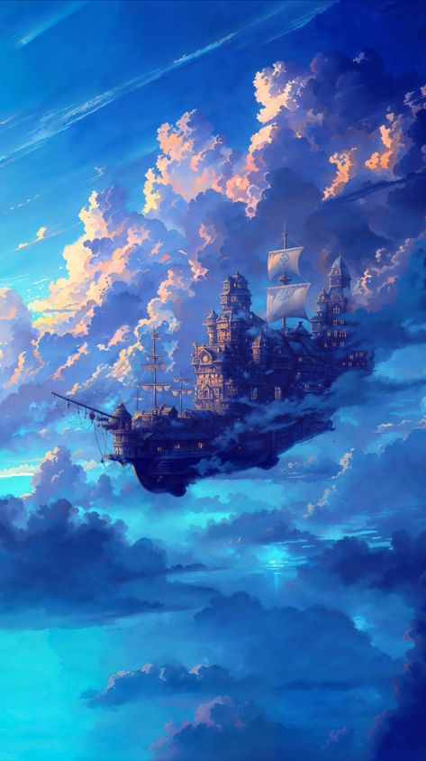 ⁀➷ Wallpaper ✪ Fantasy Landscape Wallpaper, Airship Art, Anime Places, Sky Anime, Paper Background Design, Cool Wallpapers Art, A Ship, Sky Art, Pretty Wallpapers Backgrounds