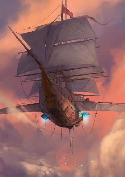 Illustrations I did for Critical Role book (5e DnD) Steampunk Ship, Airship Art, Flying Ship, Steampunk Airship, Arte Steampunk, Rpg Ideas, Heroic Fantasy, Rpg Map, Pahlawan Marvel