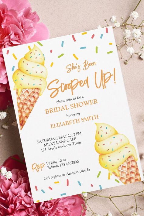 She's been scooped up ice cream bridal shower invitation template instant download Candyland Bridal Shower Theme, She’s Been Scooped Up Bridal Shower Invitation, Bridal Party Themes Summer, She’s Scooped Up, Summer Themed Bridal Shower Ideas, She's Been Scooped Up Bridal Shower Theme Decorations, Bridal Shower Ideas Ice Cream, Scooped Up Bachelorette, Ice Cream Shower Theme