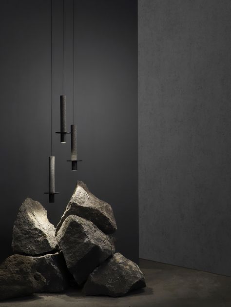 Interaktives Design, Black Pendant Lamp, Bar Sala, Store Concept, Stone Interior, Volcanic Stone, Volcanic Rock, Dark Interiors, Light Architecture