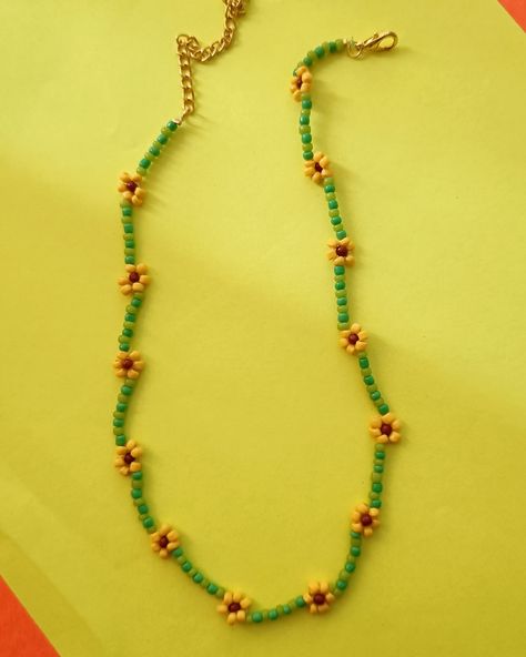 Sunflower Necklace made from seed beads Beaded Necklace Sun, Handmade Summer Flower-shaped Beaded Necklace, Sunflower Seed Bead Necklace, Orange Flower-shaped Beaded Necklaces, Yellow Flower-shaped Beaded Necklaces, Sunflower Necklace, Seed Beads, Sunflower, Beads