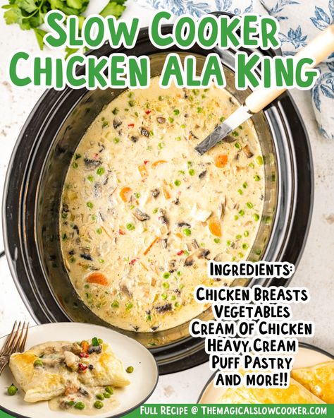 This Slow Cooker Chicken Ala King recipe harnesses all the flavors of tender chicken, a variety of vegetables, and a host of seasonings for ultimate comfort food that is absolutely delicious. The prep time is quick and the cooking time is incredibly short, meaning you can start this meal in the afternoon and have it on the table for dinner! - The Magical Slow Cooker Chicken Aka King Crockpot, Chicken A La King Recipes Crockpot, Chicken Al La King Crockpot, Slow Cooker Chicken A La King, Crock Pot Chicken Ala King, Crockpot Chicken Ala King, Crock Pot Chicken A La King, Chicken Ala King Recipes Easy Crockpot, Chicken Ala King Recipes Crock Pots