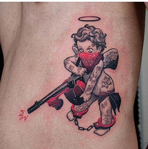 Cupid tattoo Tattoo Ideas Money, Money Tattoo Ideas, Money Bag Tattoo, Bag Tattoo, Tattoo Designs Drawings, Cupid Tattoo, Gang Tattoos, Cherub Tattoo, Half Sleeve Tattoos Drawings