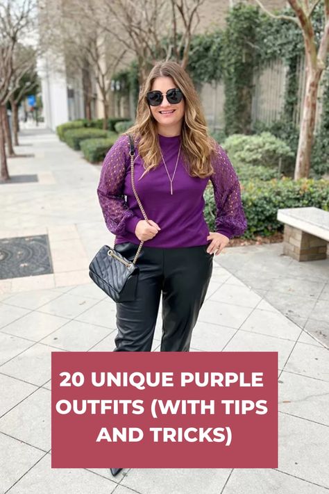 Discover simple and aesthetic purple outfit ideas that are both cute and trendy, perfect for any occasion. Elevate your style with these chic and versatile looks in the most flattering color of the season. Dark Purple Color Combinations Outfit, Purple Top Outfit Ideas, Dark Purple Top Outfit, Dark Purple Outfit Ideas, Long Sleeve Blouse Outfit, Purple Outfit Ideas, Purple Top Outfit, Wardrobe Palette, Teaching Clothes