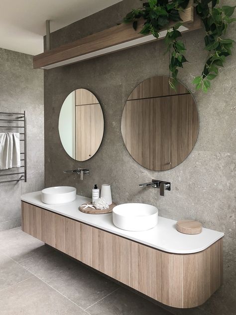 Amazing rounded vanity using polytec's Natural Oak Ravine laminate with matching overhead light. Beach Style Bathroom, Toilette Design, Bathroom Goals, Bathroom Renos, Shower Stall, House Bathroom, Bathroom Toilets, Bathroom Inspiration, 인테리어 디자인