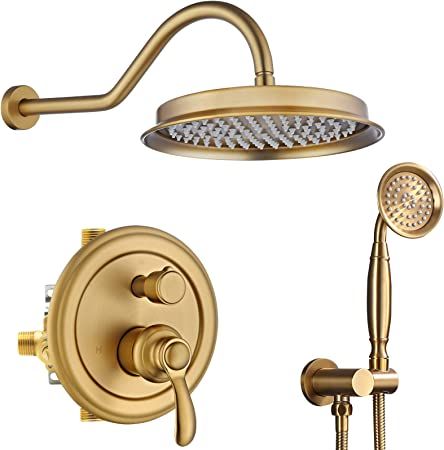 Homekicen Brushed-Gold Shower Faucets-Sets Complete: Antique Rain Shower System in Wall, 9 inch Rainfall Head and Handheld Spray, Pressure Balance Brass Valve with Trim Kit - - Amazon.com Gold Shower Fixtures, Antique Faucet, Rain Shower System, Rain Head, Power Shower, Gold Shower, Shower Diverter, Shower Fixtures, Brass Shower