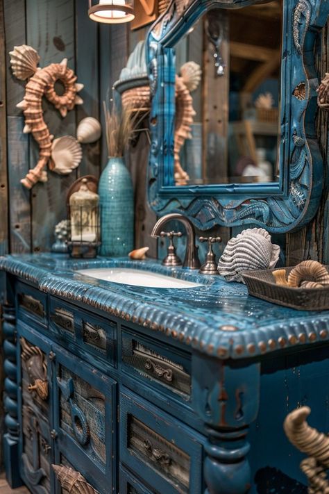 29 Mermaid Bathroom Ideas for a Magical Undersea Retreat 20 Mermaid Bathroom Ideas, Under The Sea Bathroom Ideas, Underwater Palace, Under The Sea Bathroom, Little Mermaid Bathroom, Pirate Bathroom, Iridescent Tile, Ocean Room, Mermaid Bathroom