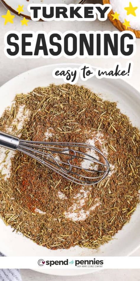 Homemade turkey seasoning up-levels any roasted turkey! Just rub it all over the bird before roasting for an extra dose of flavor. It can also be used when roasting chicken, Cornish hen, or any other poultry! But why stop there? Add to soup, veggies, or potatoes, too! #turkeyseasoning #homemade #seasoning #spendwithpennies Season Turkey Thanksgiving, Stuffing Spices, Turkey Seasonings, Seasoned Roasted Potatoes, Thanksgiving Entree, Roasting Chicken, Turkey Seasoning, 2023 Board, Cornish Hen