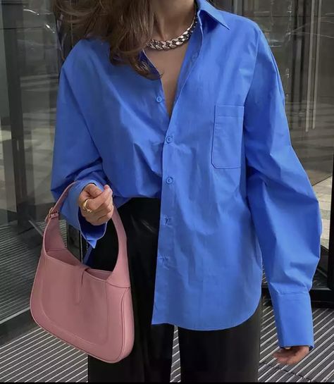 Blue Oversized Shirt Outfit, Blue Button Up Outfit, Green Button Up Outfit, Blue Button Up Shirt Outfit, Blue Button Down Shirt Outfit, Blue Oversized Shirt, Shirt Outfit Summer, Handmade Blouse, White Summer Tops