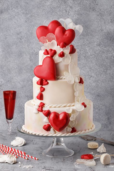 Big Heart Wedding Cake, Three Tier Anniversary Cake, Valentines Day Wedding Cake, Wedding Cake Heart Shape, 2 Tier Heart Cake, Cake With Red Hearts, Two Tier Heart Cake, Cake Heart Shape, Wedding Cakes Red