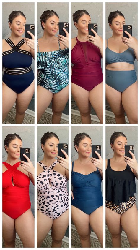 My sizing in each suit will be listed beneath each set of photos. For reference, I’m a true US size 14, US 34I bra, 5’8.5 and I have an average torso (not long, not short). My measurements are bust: 44 inches, waist: 34 inches, hips: 46 inches. To make sure you’re measuring yourself correctly, follow the guidance of this post. I share this not to fuel a negative comparison game but to give you an idea that different brands/styles can run on different sizing charts. If you need to size up or down Size 10 Swimwear, Bathing Suit Ideas For Plus Size, Clothes For Women Over 40 Plus Size, Bathing Suit For Body Type Plus Size, Mid Size Bathing Suit, Bathing Suit Curvy, Plus Size Swimwear Big Belly, Amazon Swimsuit, Plus Size Bathing Suits