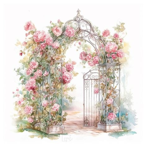 Bridgerton Clipart, Flower Gate, Door Painting Ideas, Vintage Floral Illustration, Entry Organizer, Sliding Gate Design, Gate Design Modern, Craft Clipart, Gate For Stairs