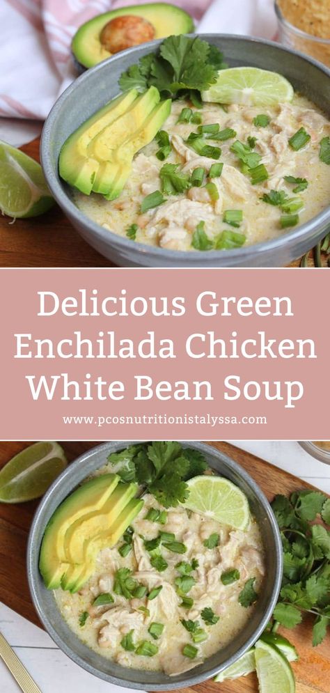 This white chicken enchilada soup is a healthy, hearty, and comforting dish. Made with tender chicken, it’s a chicken and white bean enchilada soup that’s both flavorful and filling. Enjoy this creamy white bean chicken enchilada soup packed with high protein. The white bean enchilada soup is a green enchilada chicken soup with flavors to create a delicious creamy soup perfect for any meal. White Chicken Enchilada Soup, Green Enchilada Chicken Soup, Chicken Soup Easy, Enchilada Chicken Soup, Green Chicken Enchiladas, White Chicken Enchiladas, Bean Enchiladas, Green Enchilada Sauce, Chicken Enchilada Soup