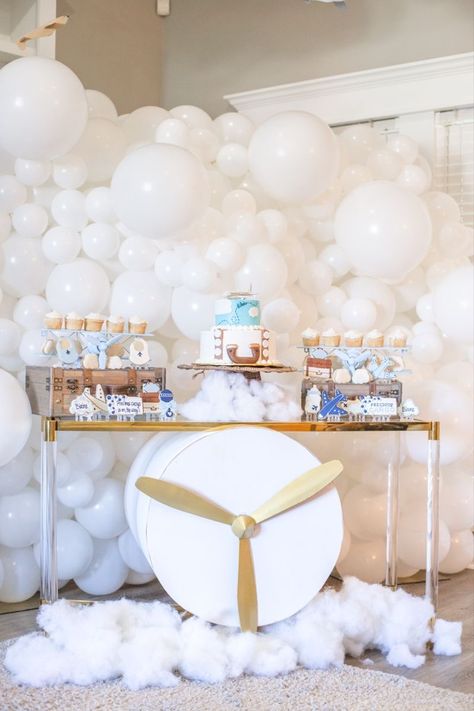 Aviator First Birthday Party, United Parcel Service Party, Aviation Gender Reveal, Precious Cargo Baby Shower Theme, Airplane Baby Shower Centerpieces, Airplane Balloon Garland, Aviation Party Ideas, Airplane Gender Reveal Ideas, Baby Boy Airplane Shower Ideas