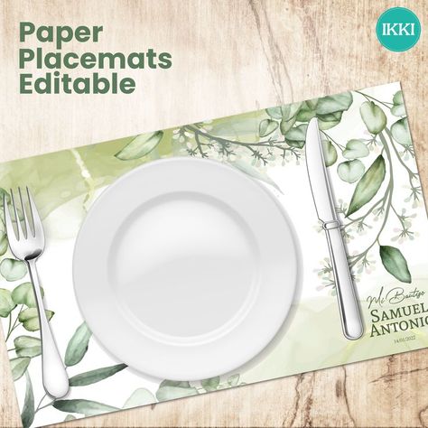 Paper Placemats, watercolor, Greenery decor, Baptism Wedding details, Green leaves, Details for table, Personalized Digital Download Decorate your Baptism party with this watercolor greenery decor placemats, a beautiful personalized detail for your table. Purchase, edit, and print or share in minutes. ♥You can print as many copies as you like.♥ © by IKKIDesignStudio ♥ Printable Placemat, Greenery Decor, Paper Placemats, Bridal Shower Printables, Watercolor Greenery, Baptism Party, Birthday Printables, Baby Shower Printables, Printable Paper