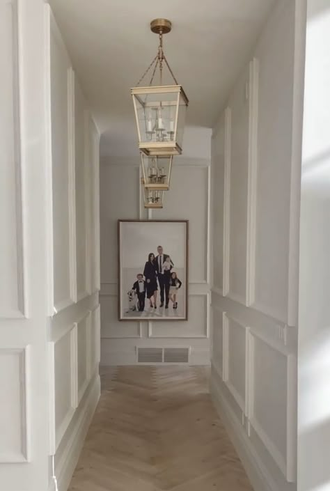 Hallway Box Trim, Box Moulding Hallway, Picture Molding Entryway, Foyer Wall Trim, Hallway Trim Ideas, Hallway Molding Ideas, Hallway Molding, End Of Hallway, Aesthetic Beach House